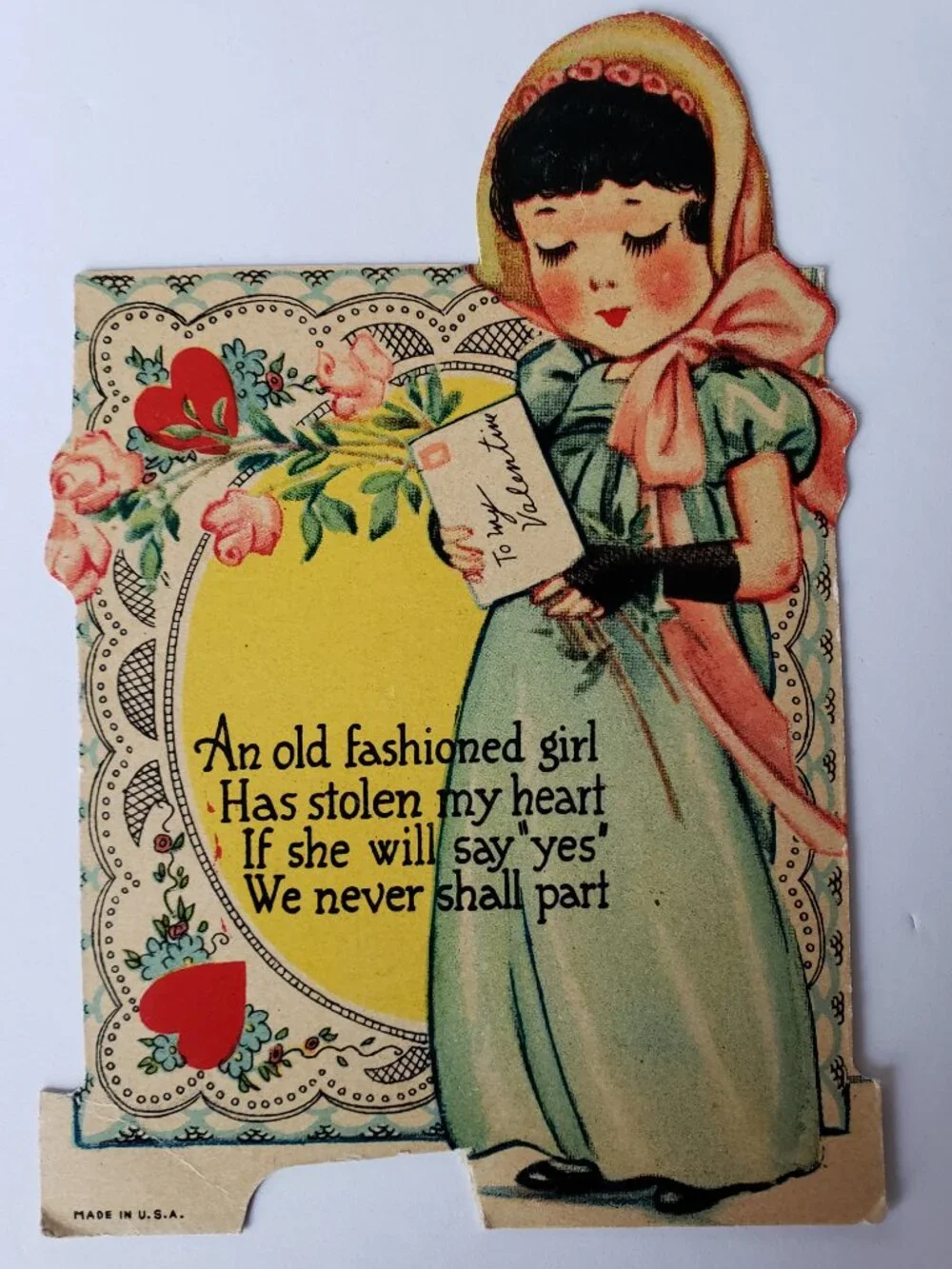 Victorian Style Lace Pink Bonnet Girl Heavy Paper Valentine's Day Card